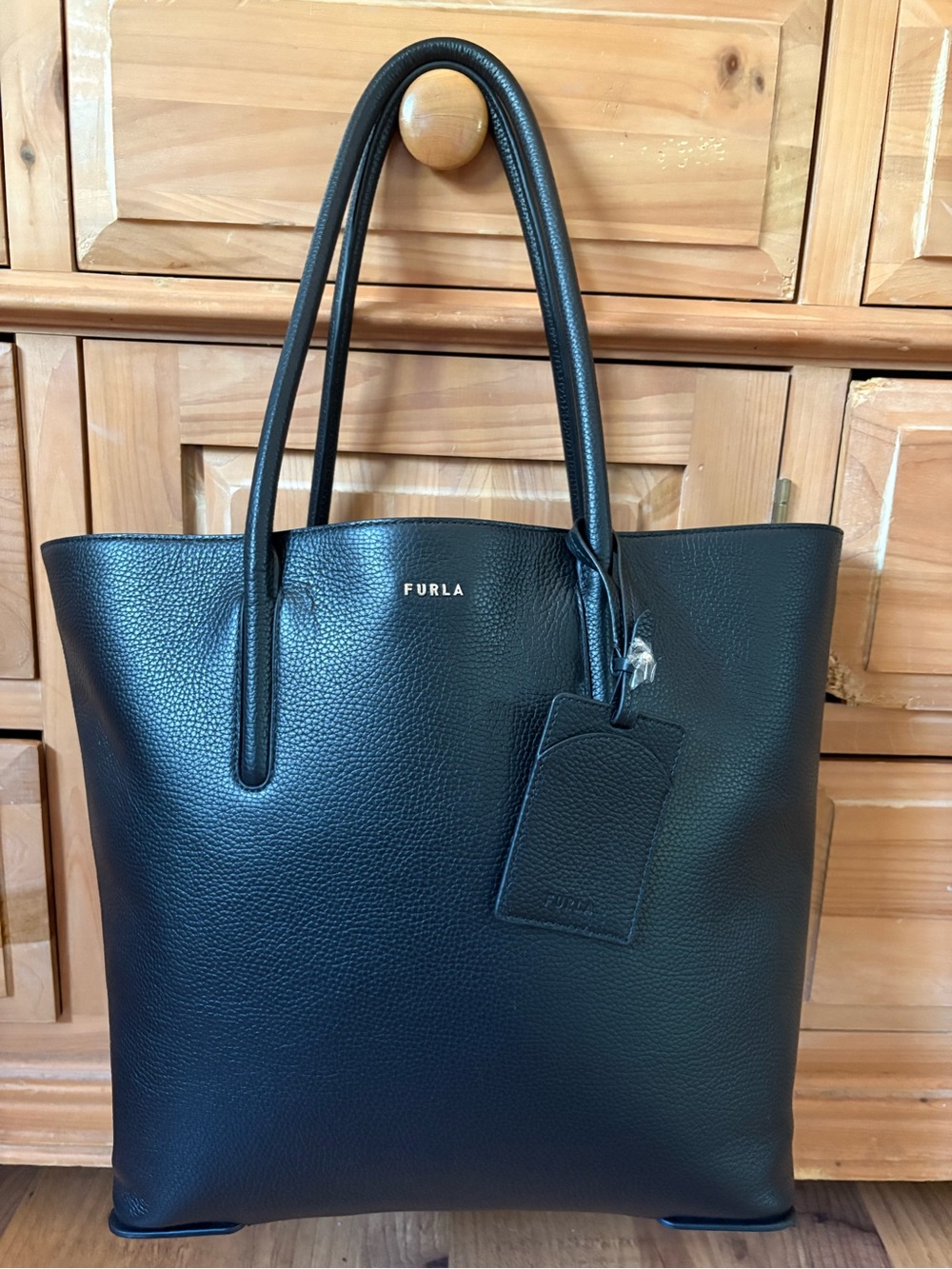 Furla Atmosfera Leather Tote Black Pebbled Leather with Luggage Tag